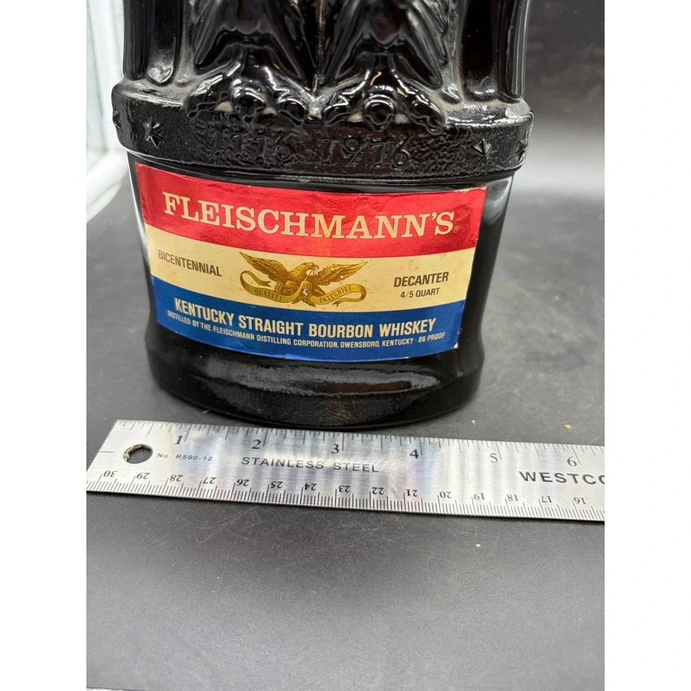 Vintage Fleischmanns Bicentennial Eagle Decanter Black Glass Bourbon Bottle